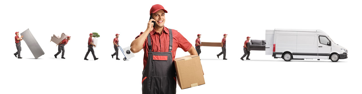 Mover talking on a mobile phone and other workers putting household items in a white van